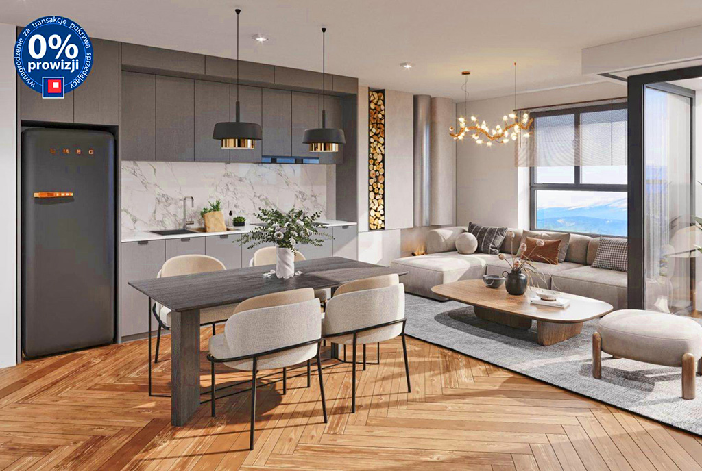 po lewej jadalnia, po prawej salon w luksusowym apartamencie na sprzedaż Jelenia Góra