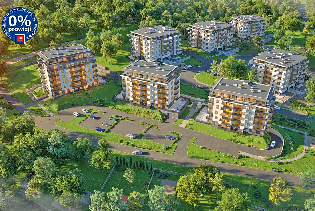 widok z lotu ptaka na całe osiedle, na którym znajduje się oferowany do sprzedaży luksusowy apartament Jelenia Góra