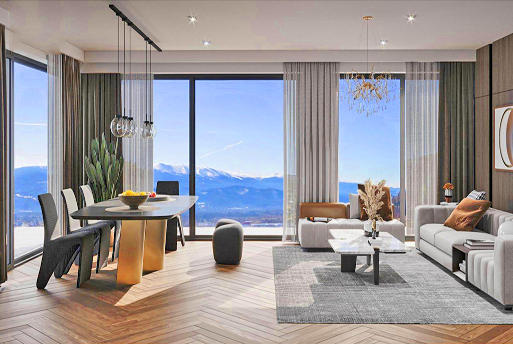 na pierwszym planie salon, w oddali taras przy ekskluzywnym apartamencie do sprzedaży Jelenia Góra