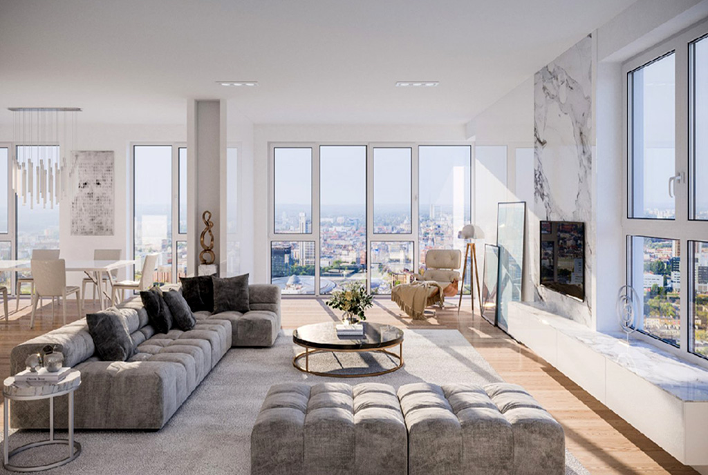 zaaranżowany w nowoczesnym stylu pokój dzienny w luksusowym apartamencie na sprzedaż Katowice