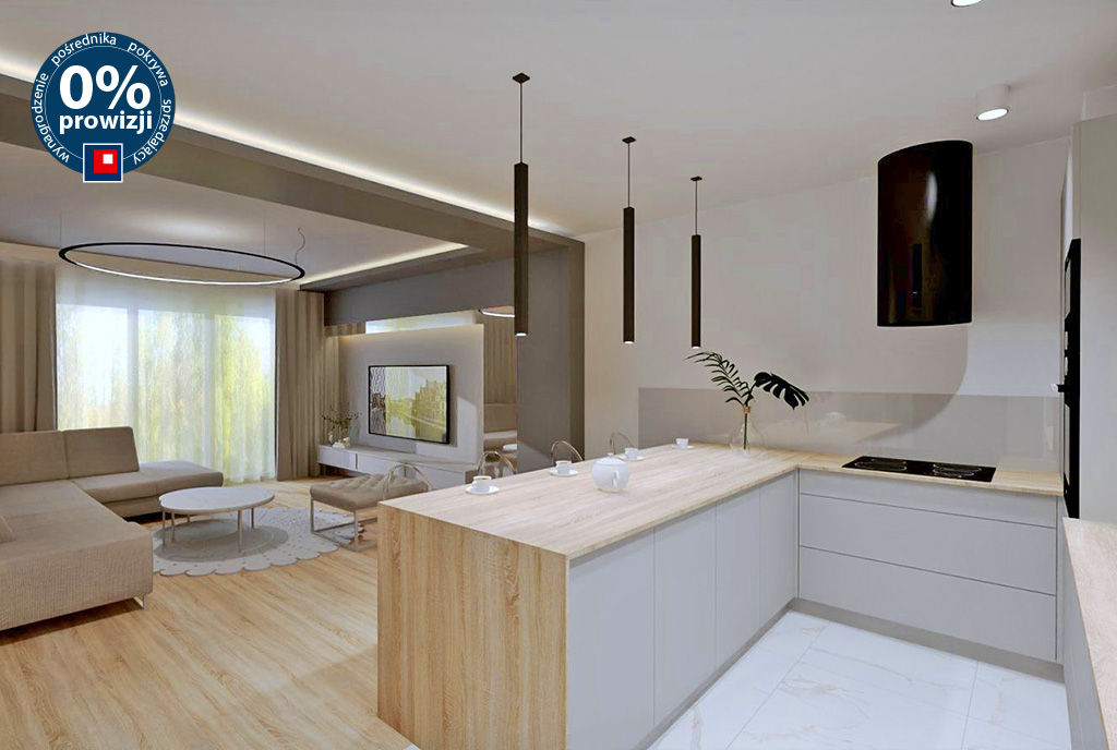 widok na kuchnię i pokój dzienny w luksusowym apartamencie do sprzedaży Piotrków Trybunalski