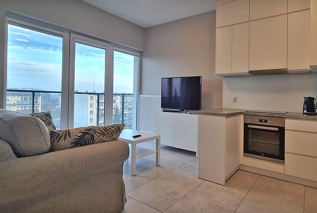 od lewej taras, salon i aneks kuchenny w ekskluzywnym apartamencie do wynajęcia Wieluń