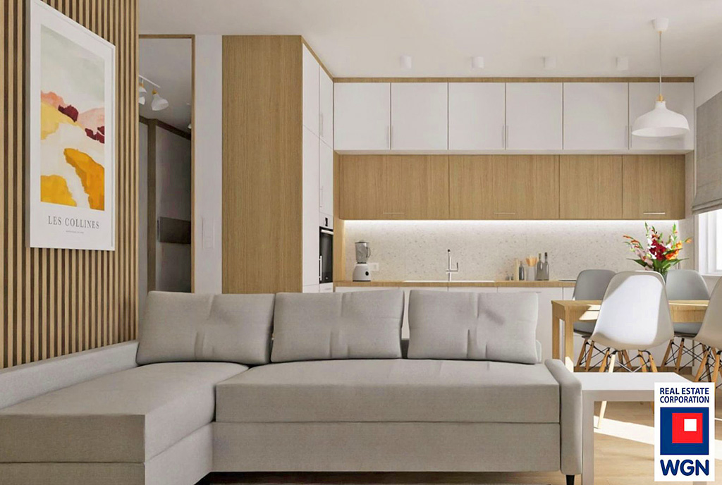 widok z salonu na aneks kuchenny w luksusowym apartamencie na sprzedaż Konin