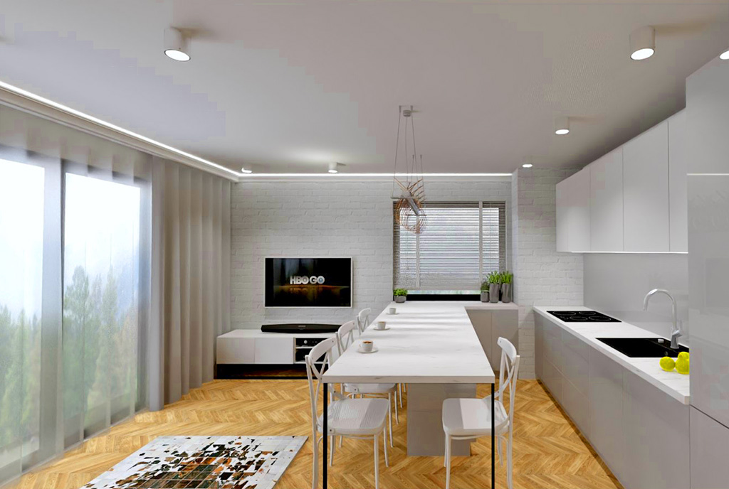 widok na salon oraaz aneks kuchenny w luksusowym apartamencie na sprzedaż Piotrków Trybunalski