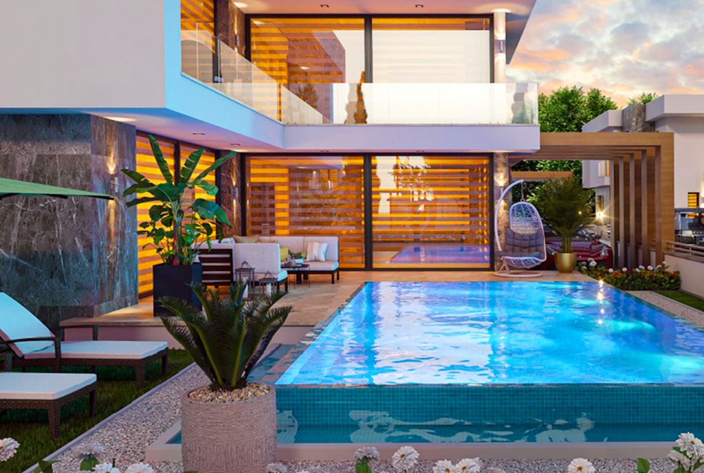 przepiękny basen przed ekskluzywną willą na sprzedaż Cypr (Bogaz)