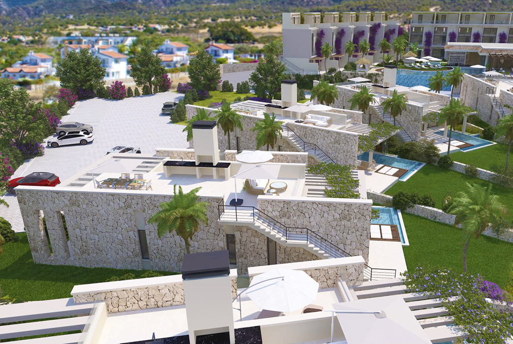 zdjęcie wykonane z drona pokazujące od góry osiedle, gdzie mieści się oferowana na sprzedaż ekskluzywna willa Cypr (Tatlisu)