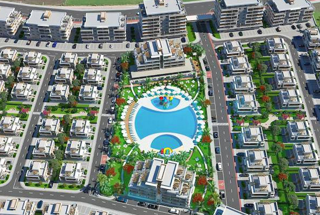 widok z droba pokazujący od góry całe osiedle z luksusowym apartamentem do sprzedaży Cypr (Iskele)