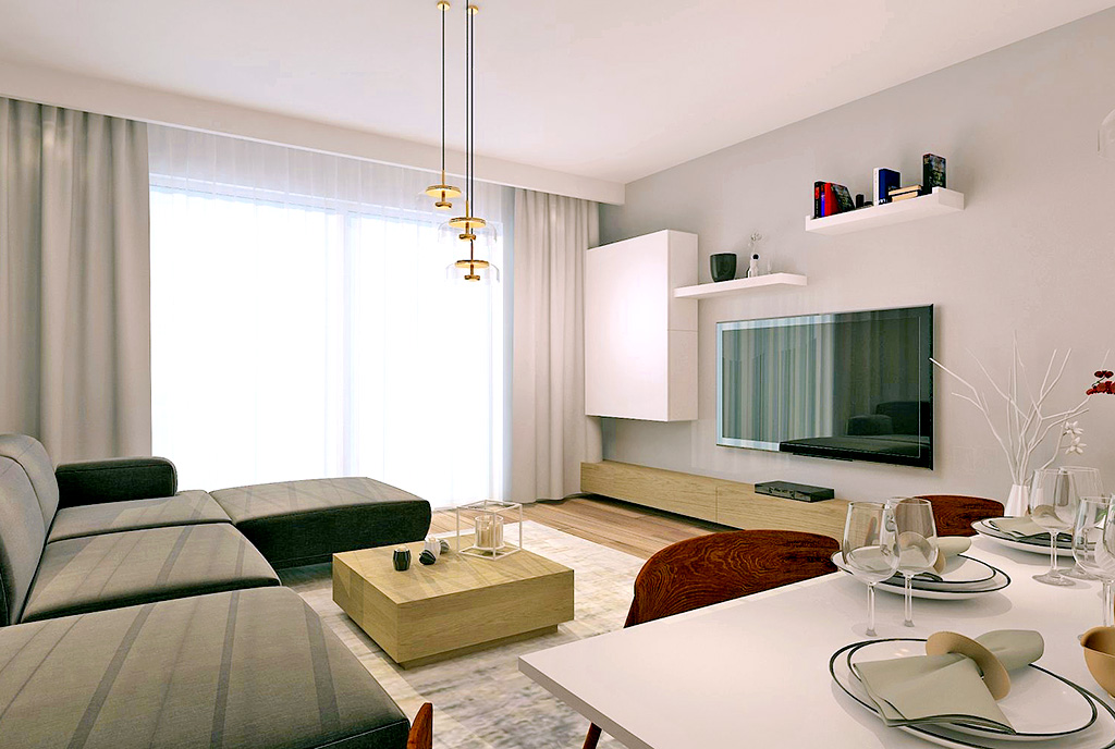 zbliżenie na pokój gościnny w luksusowym apartamencie na sprzedaż Cypr (Karavas)