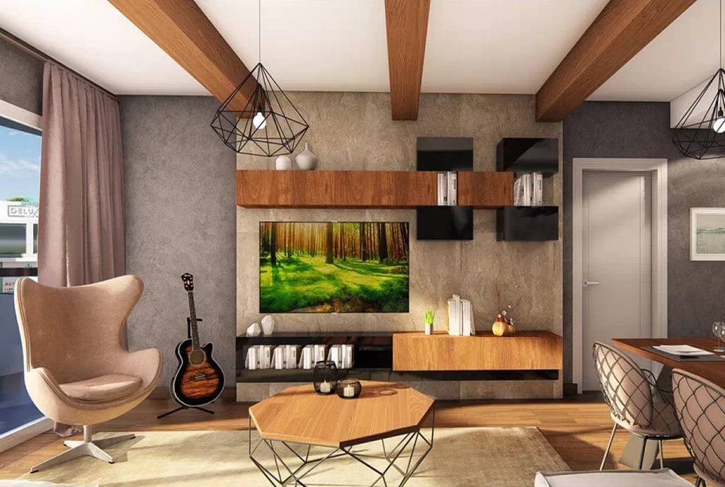 nowoczesny pokój dzienny w ekskluzywnym apartamencie do sprzedaży Cypr (Trikomo)