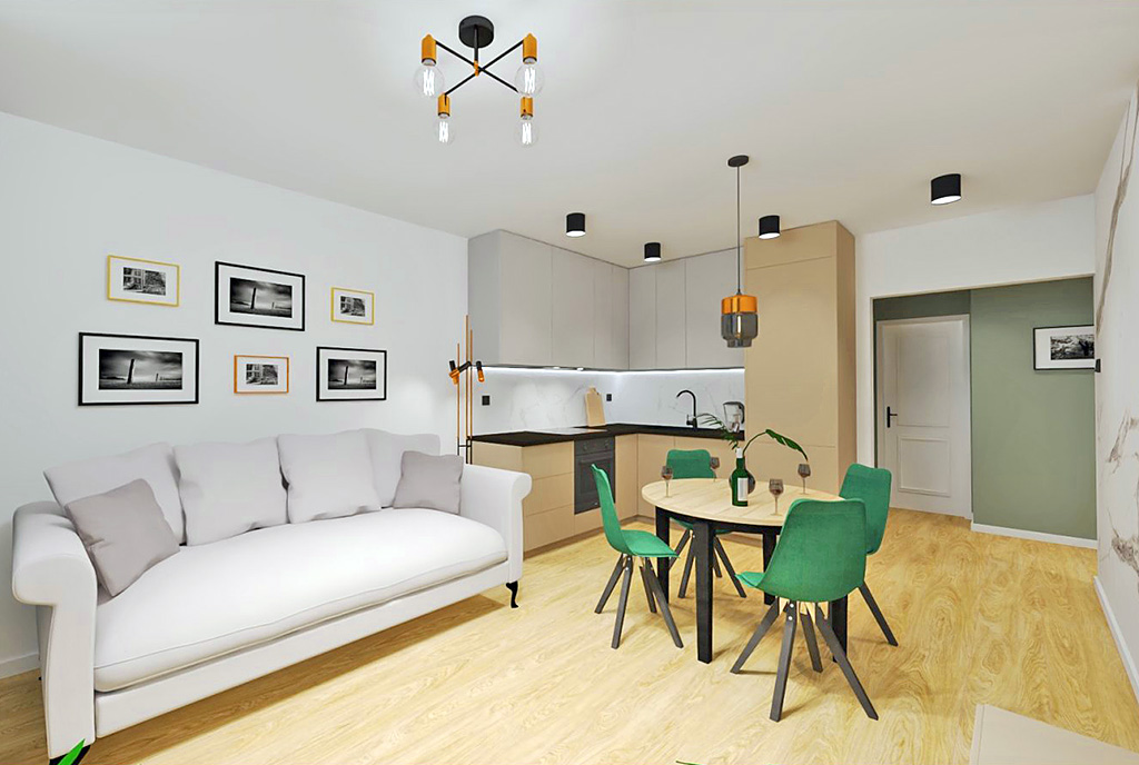 na pierwszym planie jadalnia, w oddali aneks kuchenny w luksusowym apartamencie na sprzedaż Elbląg