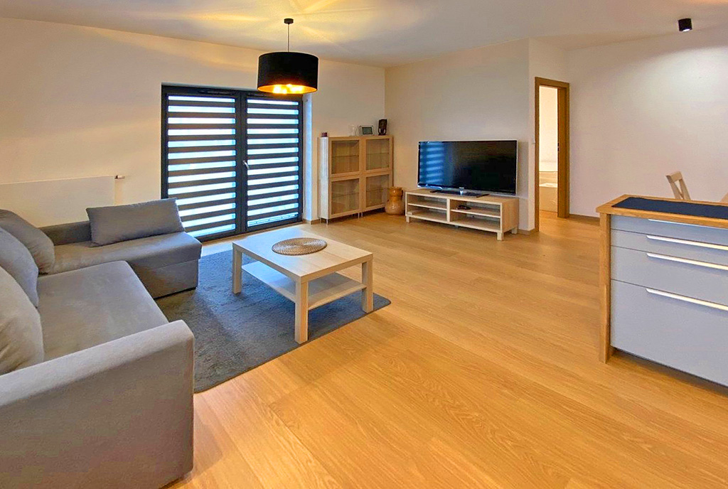 przestronny salon z wyjściem na taras przy ekskluzywnym apartamencie na wynajem Szczecin