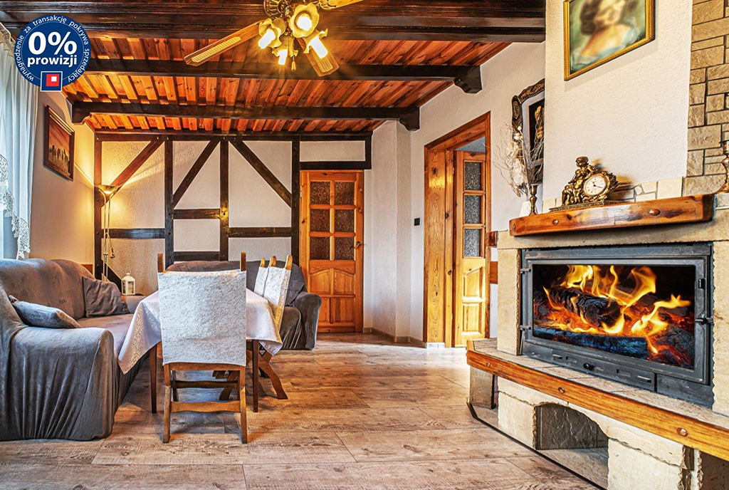kameralny kominek w salonie ekskluzywnego apartamentu do sprzedaży Bolesławiec