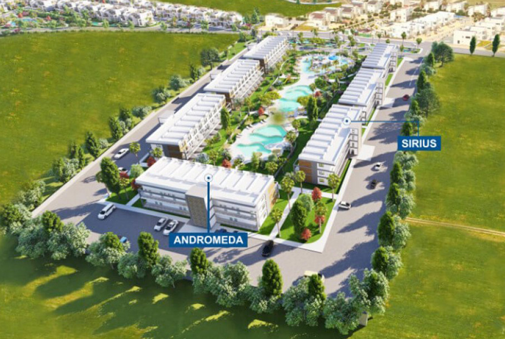 widok z lotu ptaka na osiedle, gdzie mieści się luksusowy apartament do sprzedaży Cypr (Gazimagusa)