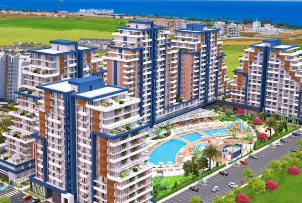 widok z lotu ptaka na całe osiedle, gdzie znajduje się oferowany do sprzedaży luksusowy apartament Cypr (Iskele)
