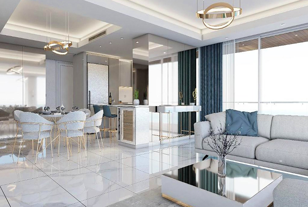wytworny pokój dzienny w ekskluzywnym apartamencie do sprzedaży Cypr (Iskele)