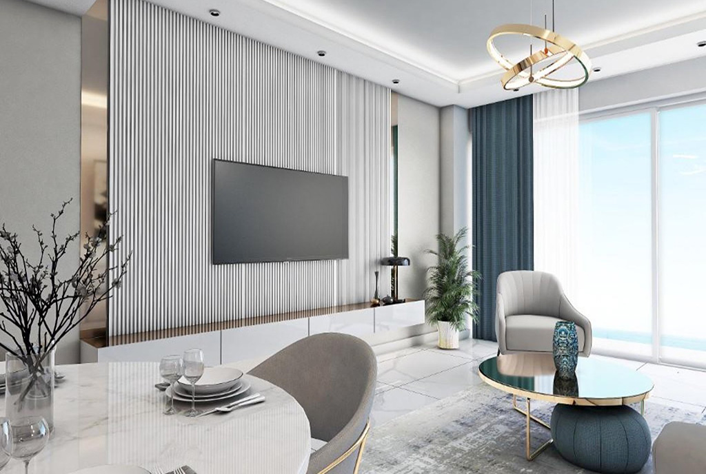 zbliżenie na pokój gościnny w ekskluzywnym apartamencie na sprzedaż Cypr (Iskele)