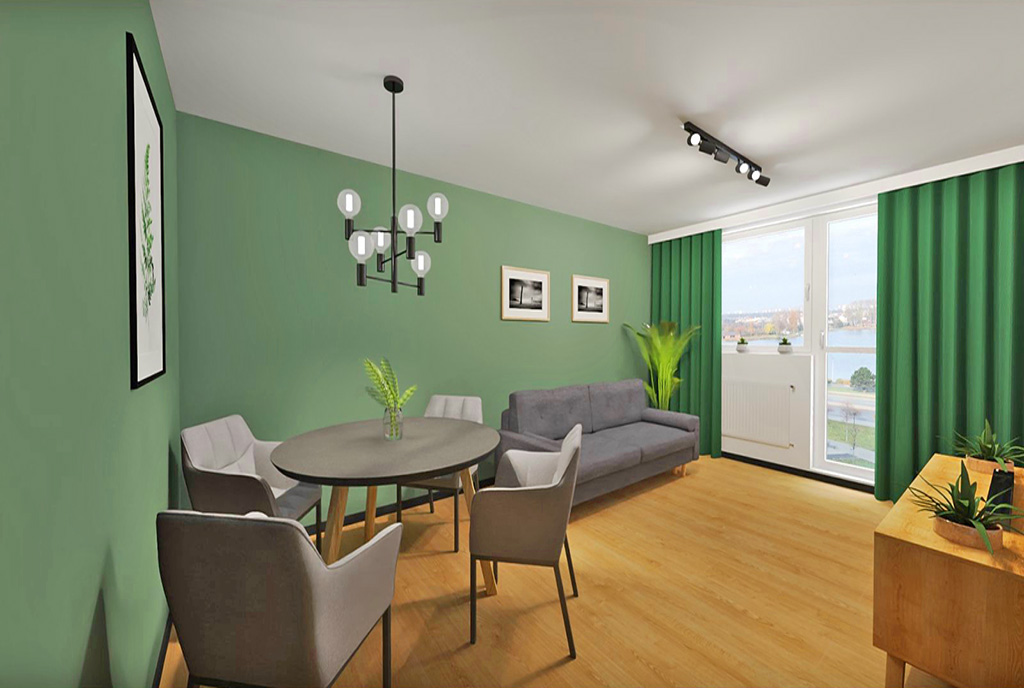 przeciwległa strona pokoju gościnnego w luksusowym apartamencie na sprzedaż Elbląg