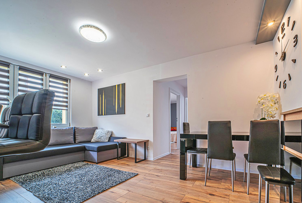 przestronny pokój dzienny w ekskluzywnym apartamencie do wynajęcia Bolesławiec