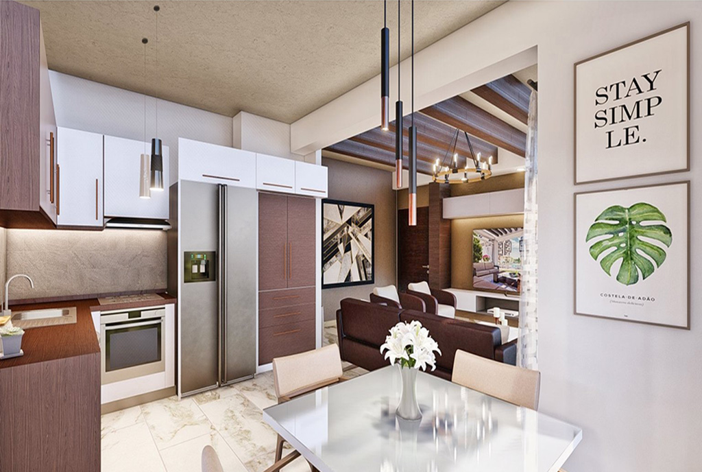 na pierwszym planie jadalnia, w oddali aneks kuchenny w luksusowym apartamencie na sprzedaż Cypr (Iskele)