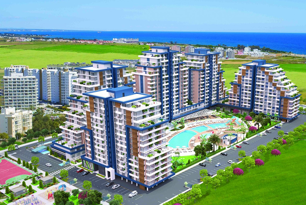 rzut z lotu ptaka na osiedle, na którym mieści się oferowany do sprzedaży ekskluzywny apartament