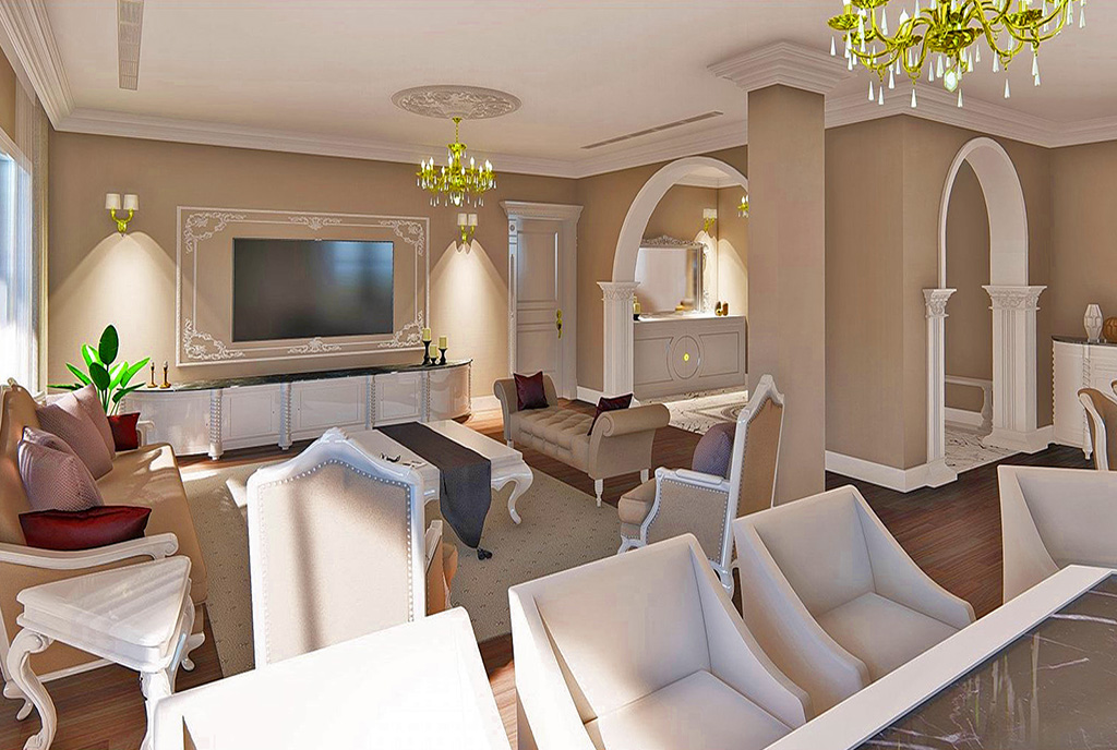 elegancki pokój dzienny w luksusowym apartamencie na sprzedaż Cypr (Iskele)