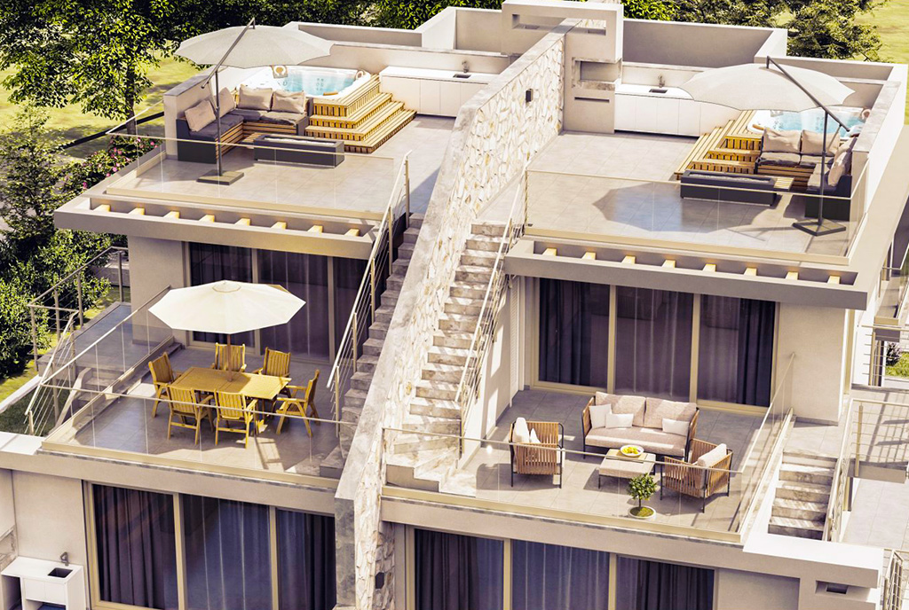 zdjęcie wykonane z drona pokazujące od góry budynek, w którym mieści się oferowany do sprzedaży ekskluzywny apartament Cypr (Tatlisu)