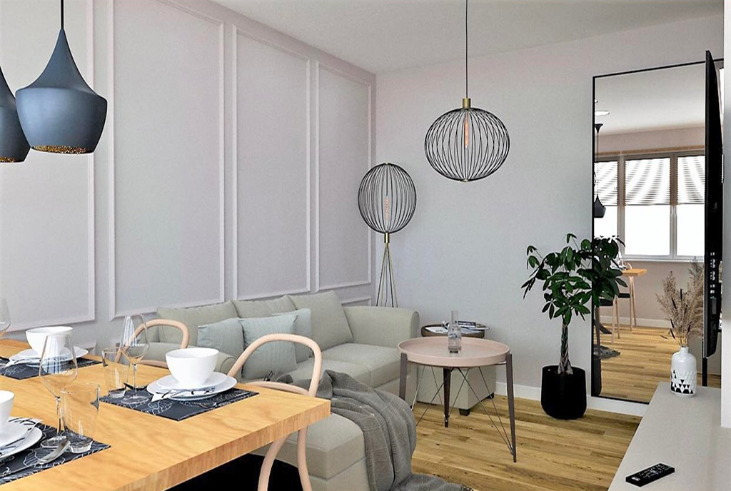 widok na jadalnię oraz pokój dzienny w luksusowym apartamencie na sprzedaż Kalisz