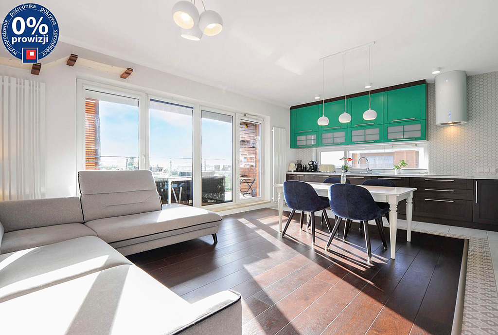 funkcjonalny aneks kuchenny, kameralny pokój dzienny oraz słoneczny taras przy ekskluzywnym apartamencie do sprzedaży Katowice