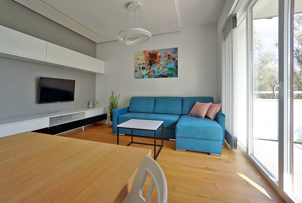 nowoczesny design salonu w ekskluzywnym apartamencie do wynajęcia Piotrków Trybunalski