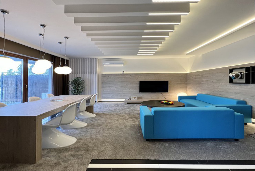 futurystyczna aranżacja pokoju gościnnego w luksusowym apartamencie do wynajęcia Piotrków Trybunalski