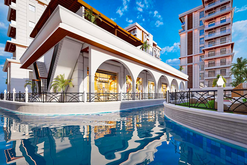widok na osiedle, gdzie znajduje się oferowany do sprzedaży luksusowy apartament Cypr (Iskele)