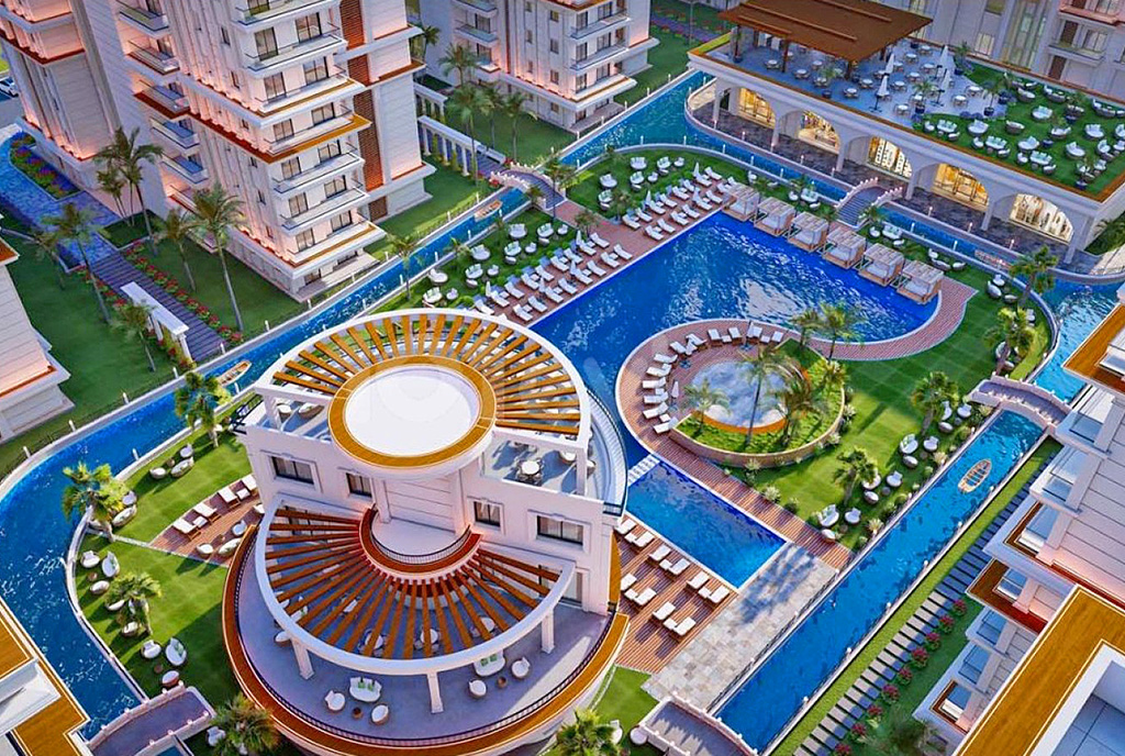 widok z lotu ptaka na osiedle, na którym znajduje się oferowany na sprzedaż luksusowym apartament Cypr (Iskele)