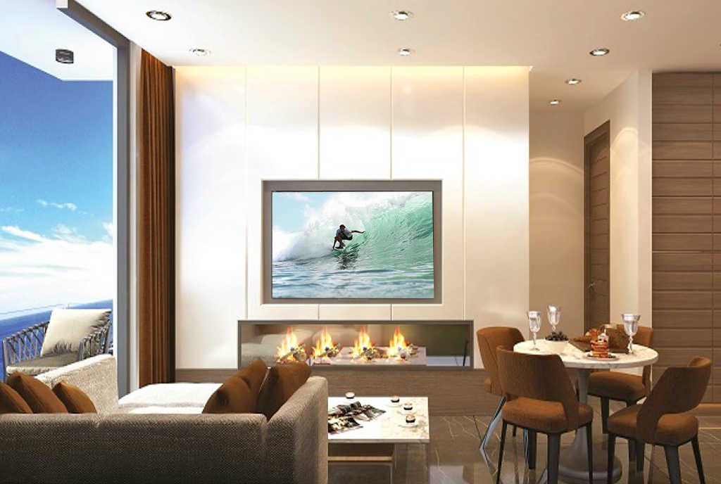 elegancki salon z kominkiem w ekskluzywnym apartamencie do sprzedaży Cypr (Iskele)