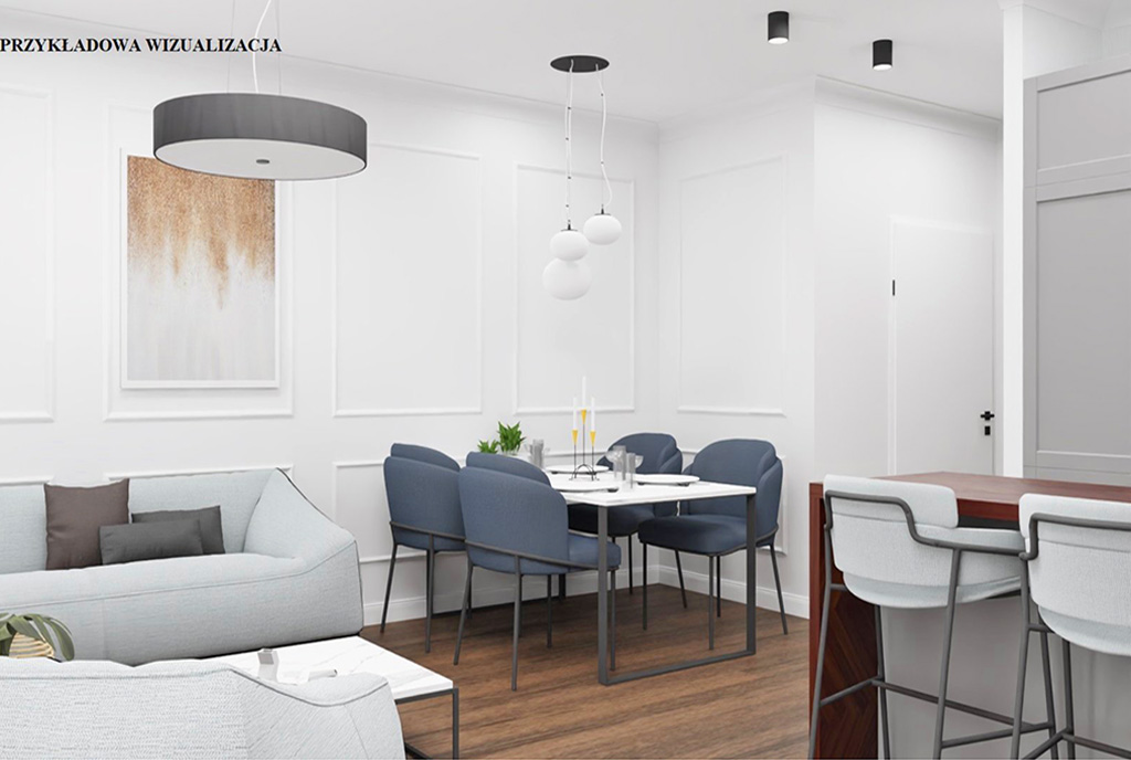 zbliżenie na fragment salonu i jadalnię w luksusowym apartamencie na sprzedaż Elbląg