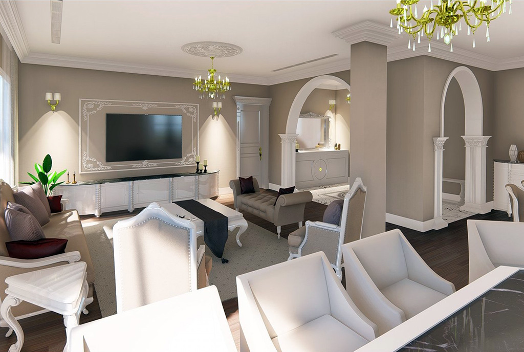 zaaranżowany we współczesnym designie salon w luksusowym apartamencie na sprzedaż Cypr (Trikomo)
