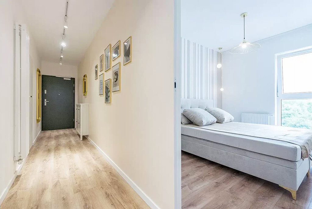 na zdjęciu korytarz oraz sypialnia w luksusowym apartamencie do sprzedaży Gdańsk