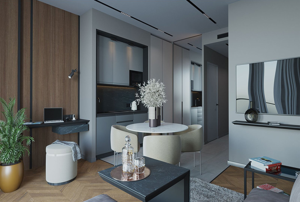 widok z pokoju gościnnego na hol w luksusowym apartamencie na sprzedaż Gruzja (Kvariati, Gonio)