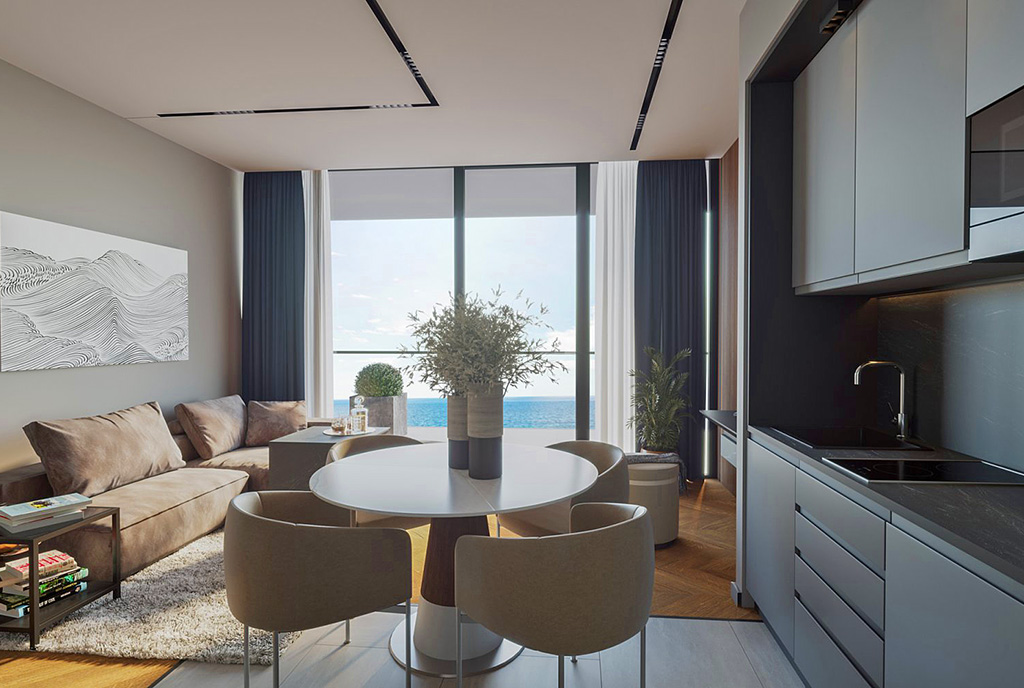 pokój dzienny i taras w ekskluzywnym apartamencie do sprzedaży Gruzja (Kvariati, Gonio)