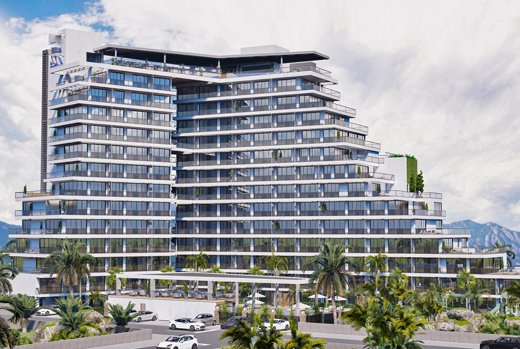 futurystyczny budynek, w którym znajduje się oferowany do sprzedaży luksusowy apartament Cypr (Iskele)