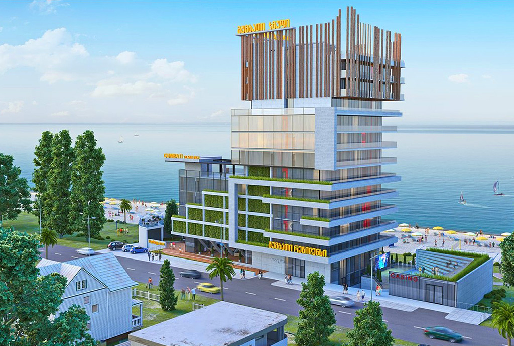imponujący nowoczesnością apartamentowiec, w którym mieści się oferowany do sprzedaży luksusowy apartament Gruzja (Kvariati, Gonio)