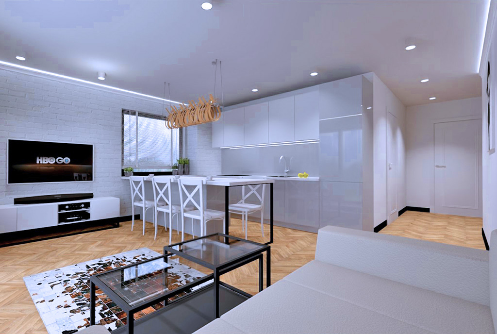 zbliżenie na pokój dzienny i aneks kuchenny w ekskluzywnym apartamencie do sprzedaży Piotrków Trybunalski