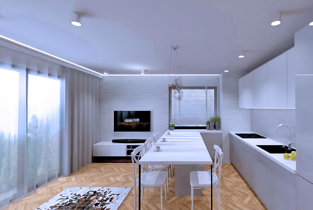 zaprojektowany w nowoczesnym stylu pokój gościnny w luksusowym apartamencie do sprzedaży Piotrków Trybunalski