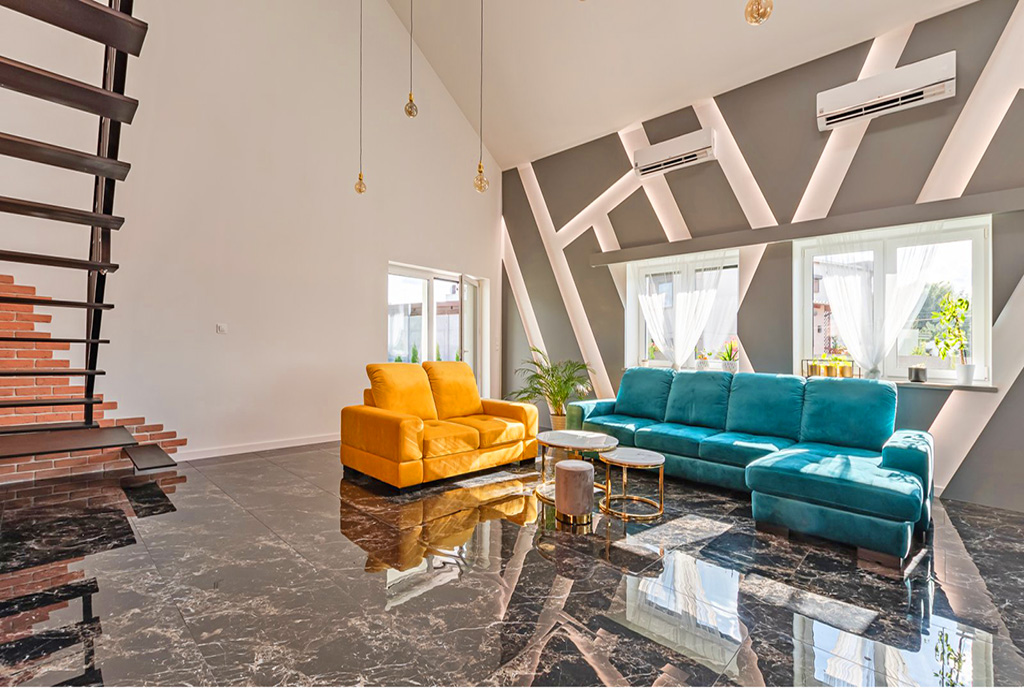 futurystyczna aranżacja pokoju dziennego w luksusowej willi na sprzedaż Poznań