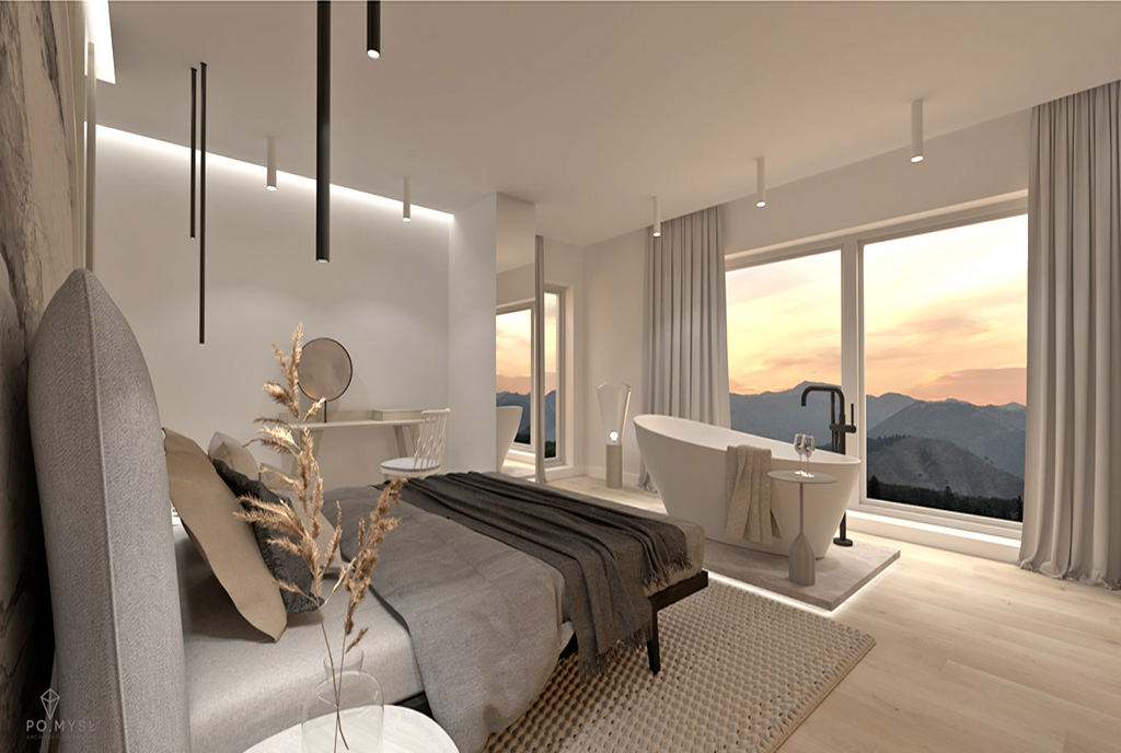 romantycznie oświetlona promieniami zachodu słońca sypialnia w ekskluzywnym apartamencie na sprzedaż Ustroń