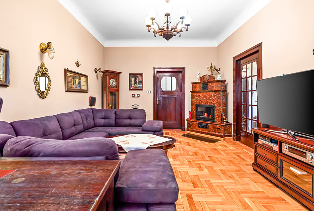 eleganckie wnętrze pokoju gościnnego w luksusowym apartamencie na sprzedaż Katowice