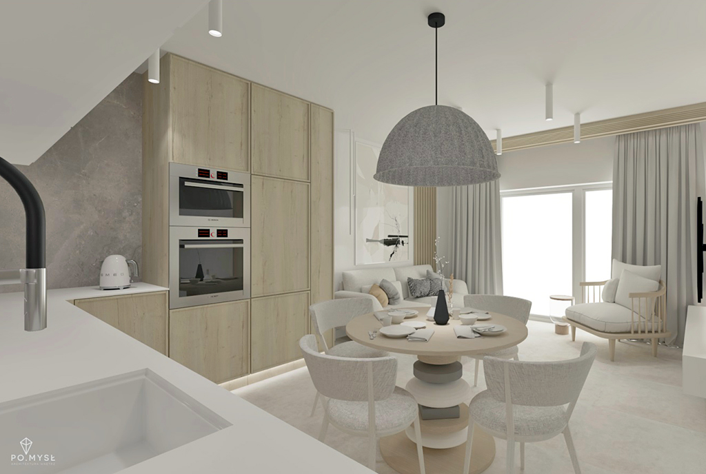 na pierwszym planie jadalnia w luksusowym apartamencie na sprzedaż Ustroń