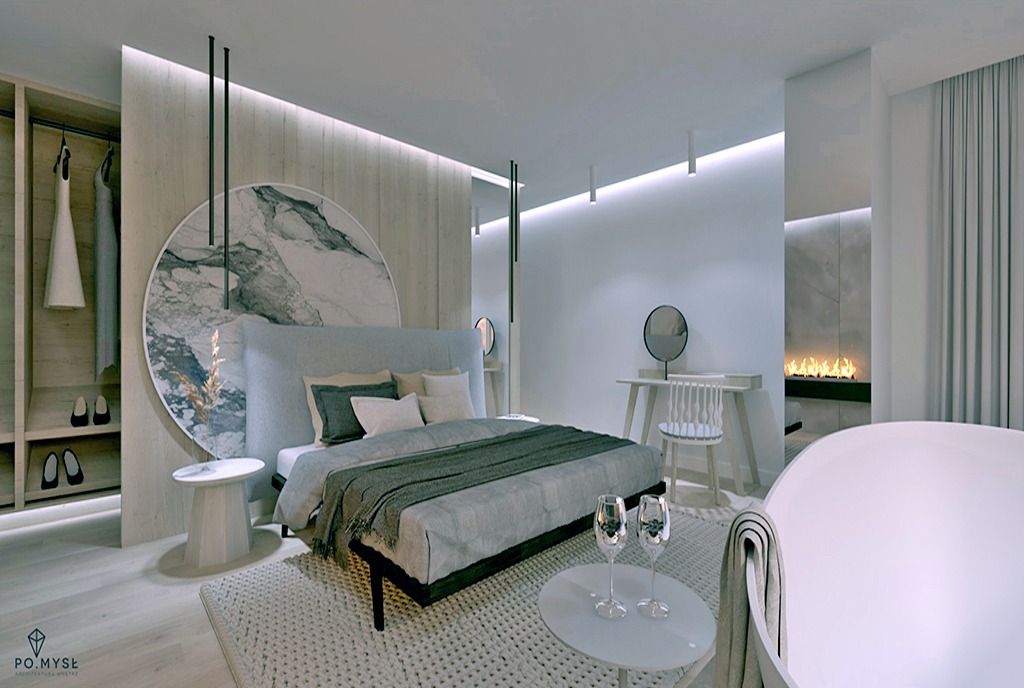 wizualizacja prezentująca sypialnię w ekskluzywnym apartamencie na sprzedaż Ustroń