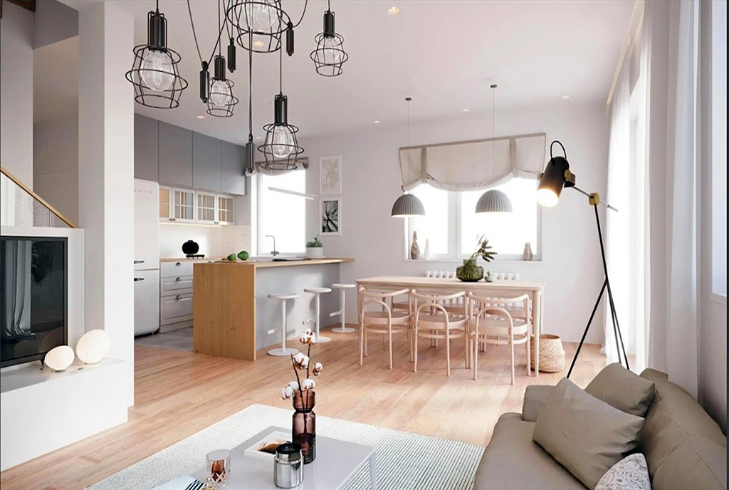 widok na kuchnię i jadalnię w luksusowej willi na sprzedaż Gdańsk (okolice)