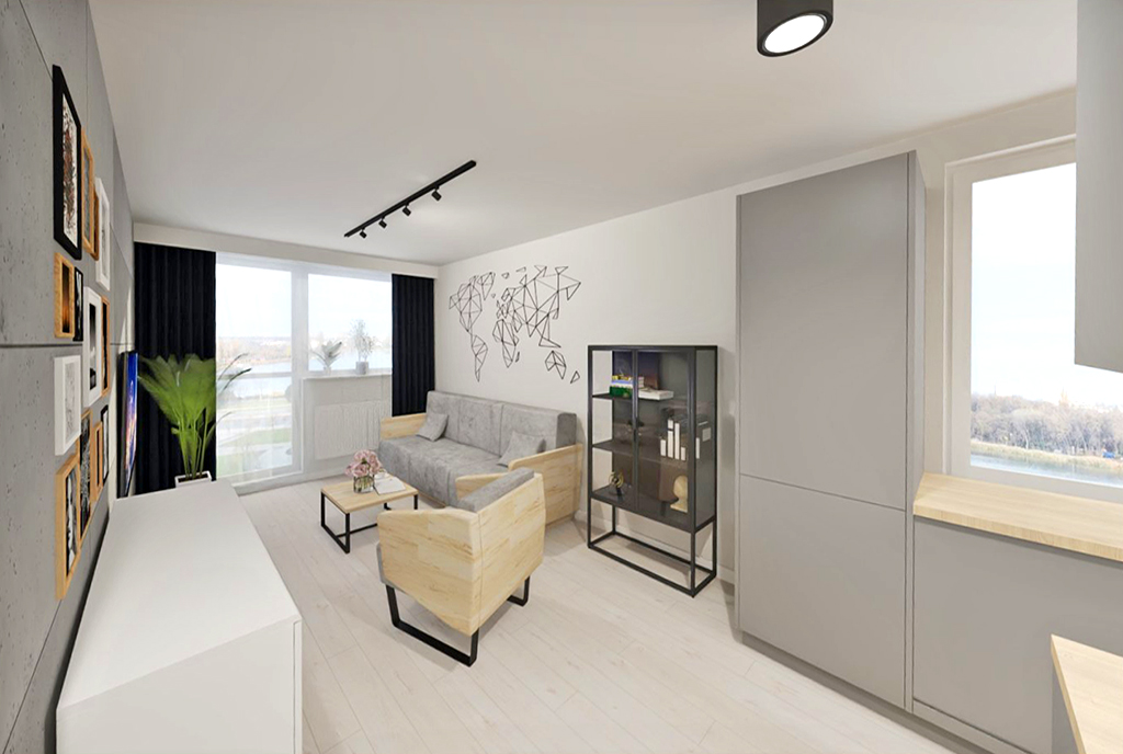 przeciwległa strona salonu w luksusowym apartamencie na sprzedaż Elbląg