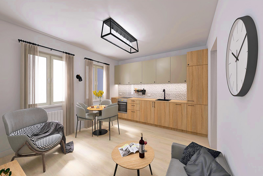 widok z salonu na aneks kuchenny w luksusowym apartamencie na sprzedaż Elbląg